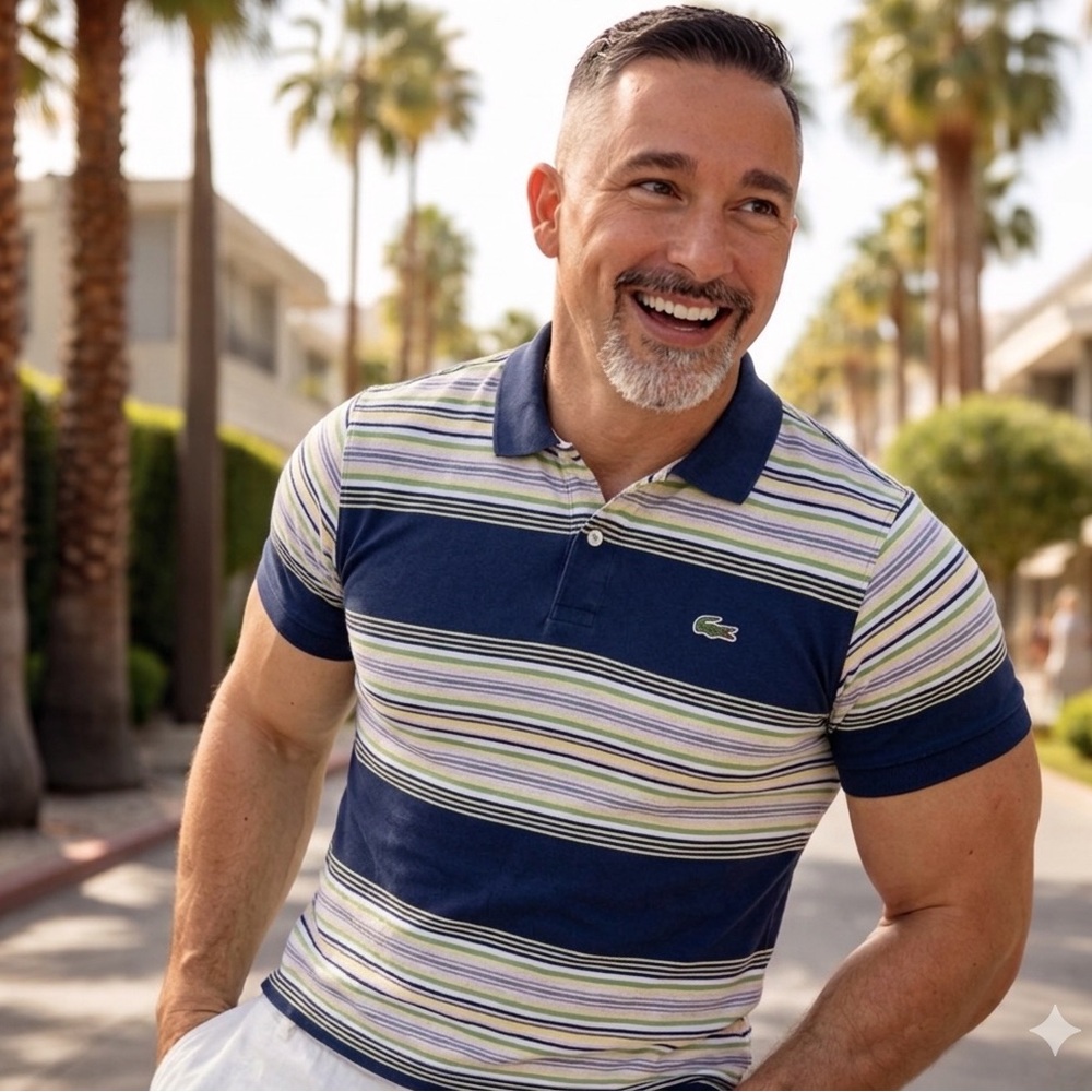 Lacoste Men's Navy, White & Light Green Striped Polo